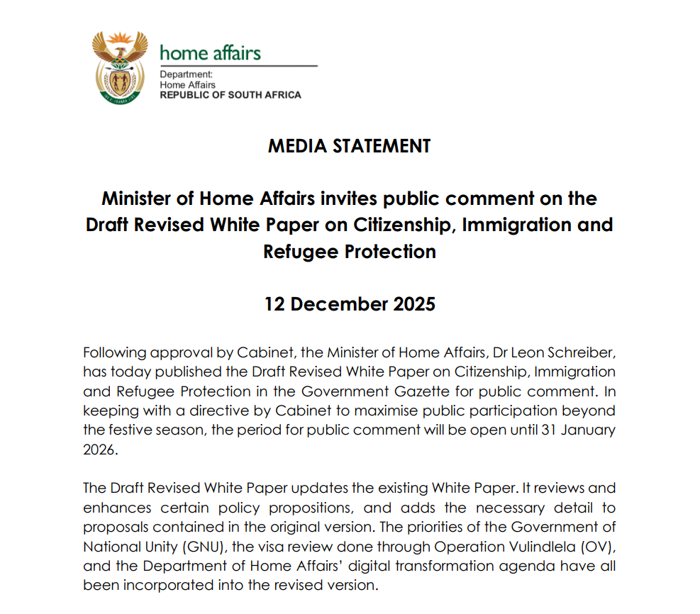 Media Statement: Minister of Home Affairs invites public comment on the Draft Revised White Paper.